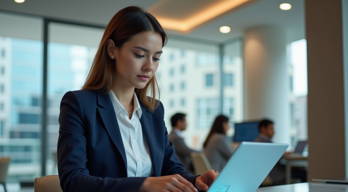 Femme d'affaires utilisant une interface bancaire digitale
