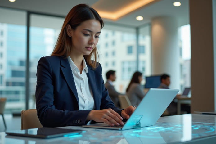 Femme d'affaires utilisant une interface bancaire digitale