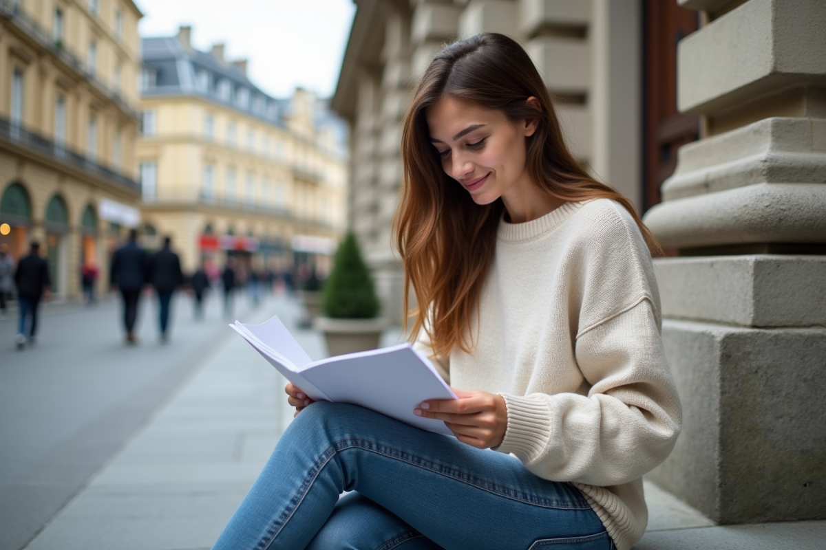 Jeune femme lisant des documents de budget devant le ministère d économie
