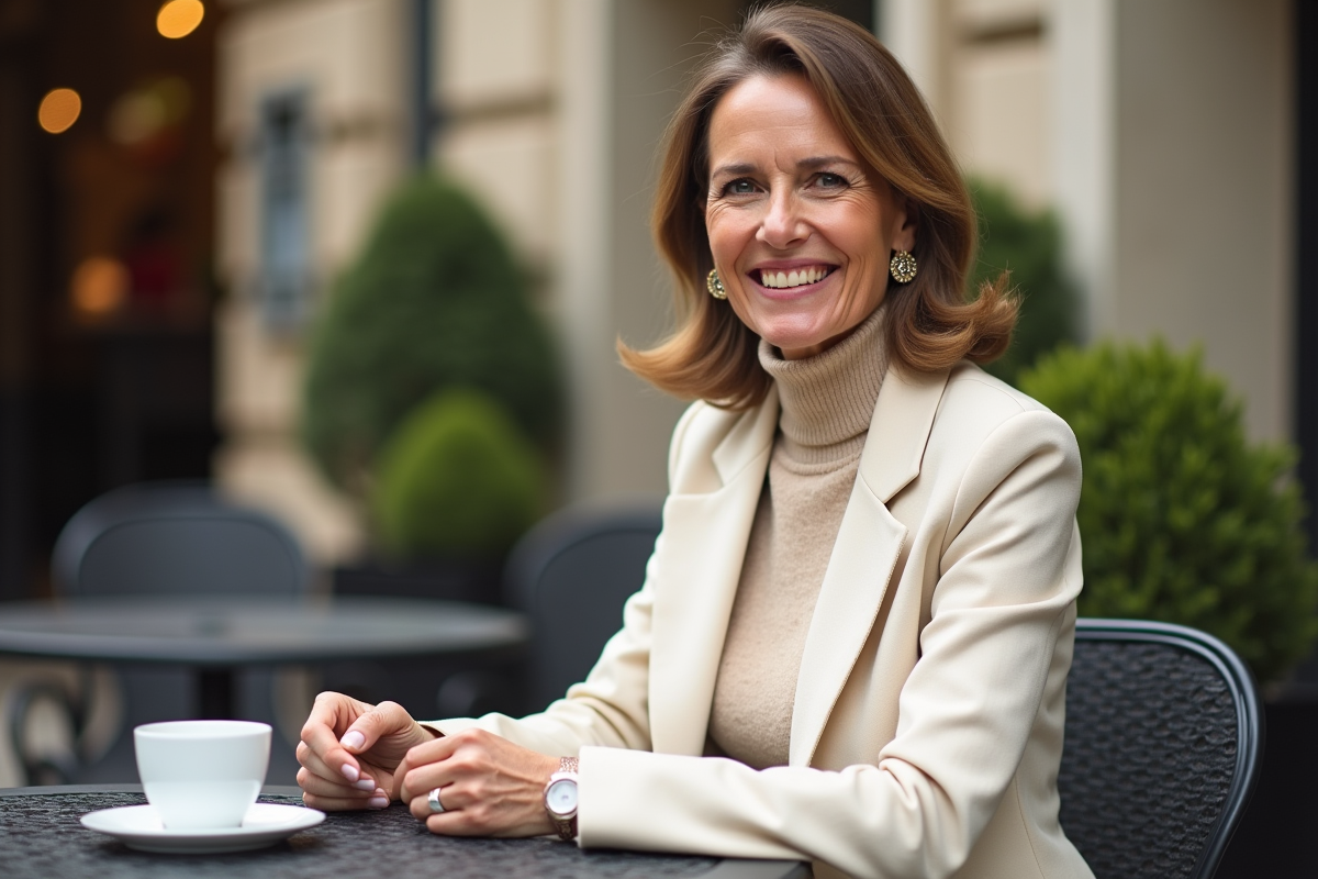 Femme souriante dans un café parisien chic en extérieur