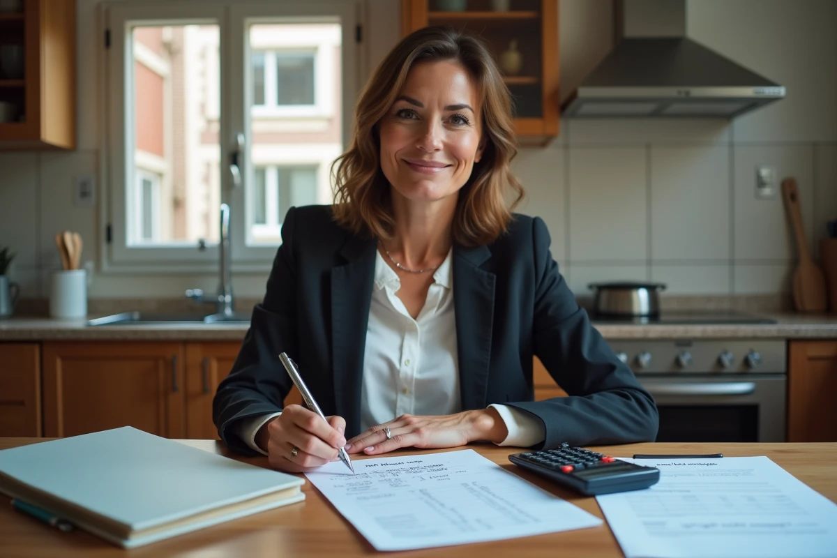 Femme calculant revenus locatifs dans une cuisine chaleureuse