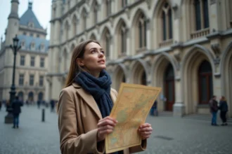 Femme devant un hôtel de ville belge gothique tenant une carte, illustration d'une ville belge en 4 lettres