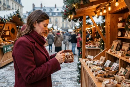 Femme examinant une tasse artisanale en céramique sur un stand du marché de Noël de Lyon 2026