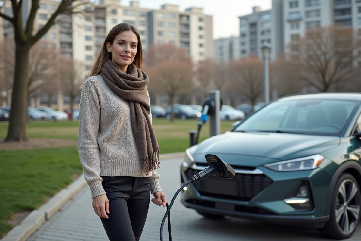 Femme chargeant une voiture hybride dans un parc urbain