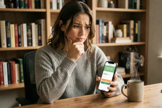 Jeune femme hésitant à utiliser un code de rachat Chapters sur son smartphone dans un bureau à domicile cosy