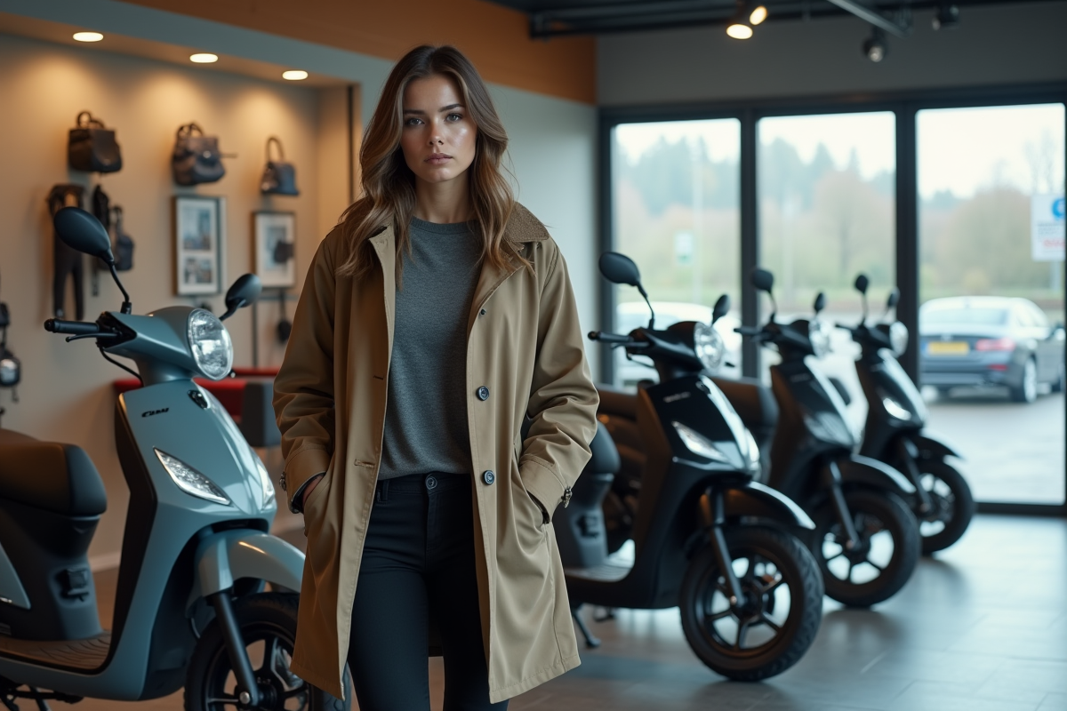 Femme debout près de motos en showroom moderne