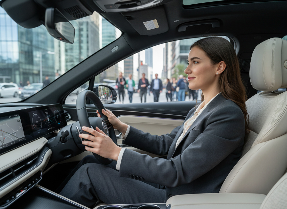 Jeune femme dans la voiture électrique à l intérieur