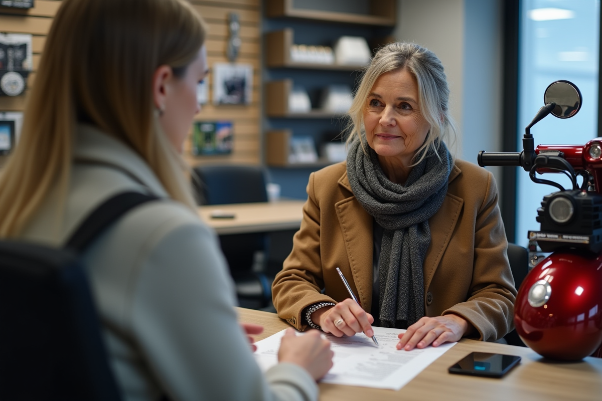 Femme et vendeur discutent d une moto 50cc en intérieur