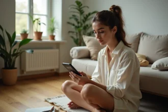 Femme contemplative assise sur un plancher en bois regardant l'heure 11h11 sur son téléphone dans un appartement minimaliste