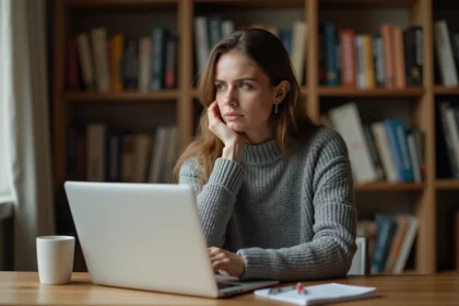 Femme perplexe devant un correcteur automatique affichant une erreur orthographique sur écran d'ordinateur portable
