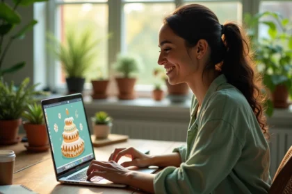 Femme créant une cybercarte animée écologique sur ordinateur portable dans un bureau à domicile décoré de plantes vertes