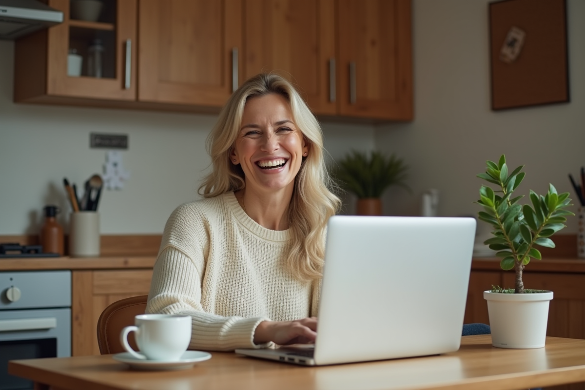 Femme souriante dans sa cuisine avec son ordinateur portable