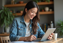 Jeune femme dessinant sur une tablette dans la cuisine