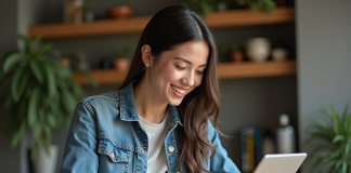 Jeune femme dessinant sur une tablette dans la cuisine