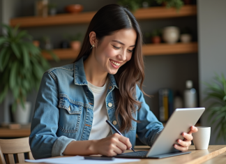 Jeune femme dessinant sur une tablette dans la cuisine