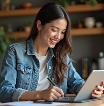 Jeune femme dessinant sur une tablette dans la cuisine