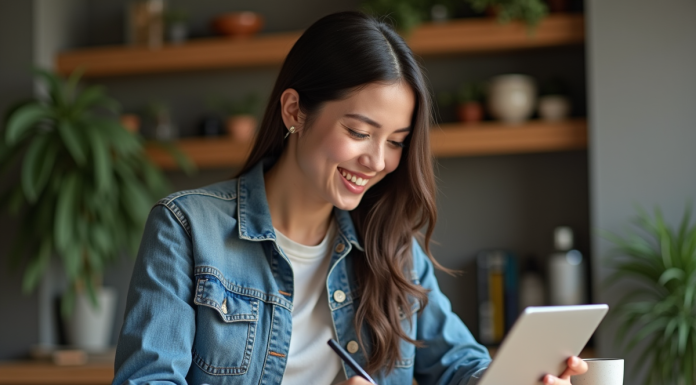 Jeune femme dessinant sur une tablette dans la cuisine