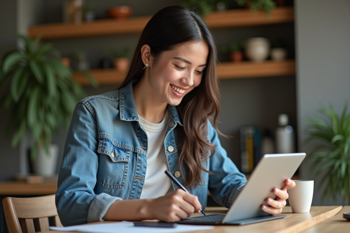 Jeune femme dessinant sur une tablette dans la cuisine
