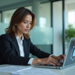 Femme d'affaires concentrée devant un coffre numérique