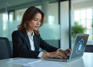 Femme d'affaires concentrée devant un coffre numérique
