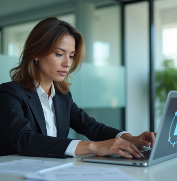 Femme d'affaires concentrée devant un coffre numérique