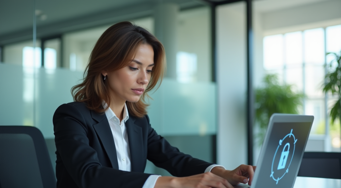 Femme d'affaires concentrée devant un coffre numérique