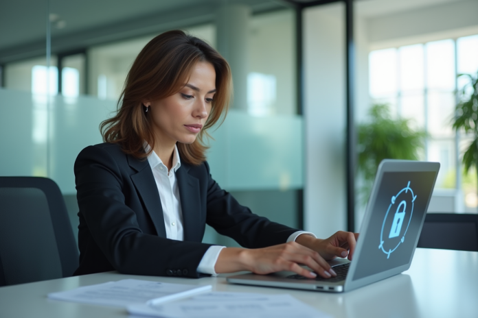 Femme d'affaires concentrée devant un coffre numérique