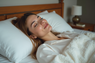 Femme en pyjama coton reposant dans son lit