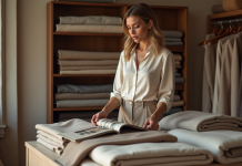 Tissu le plus cher : quel matériau choisir pour un budget ? Femme élégante examine un échantillon de tissu dans une boutique de luxe
