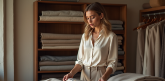 Tissu le plus cher : quel matériau choisir pour un budget ? Femme élégante examine un échantillon de tissu dans une boutique de luxe
