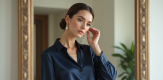 Femme élégante ajustant une boucle d'oreille dans un miroir