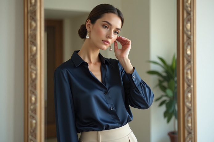 femme-elegante-miroir-soie Femme élégante ajustant une boucle d'oreille dans un miroir