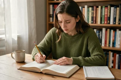 Jeune femme étudiant la conjugaison du verbe comprendre dans un livre de grammaire française à son bureau