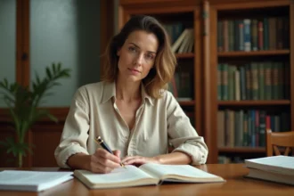 Femme consultant des livres de grammaire française sur un bureau en bois pour comprendre l'orthographe d'en tout point ou en tous points