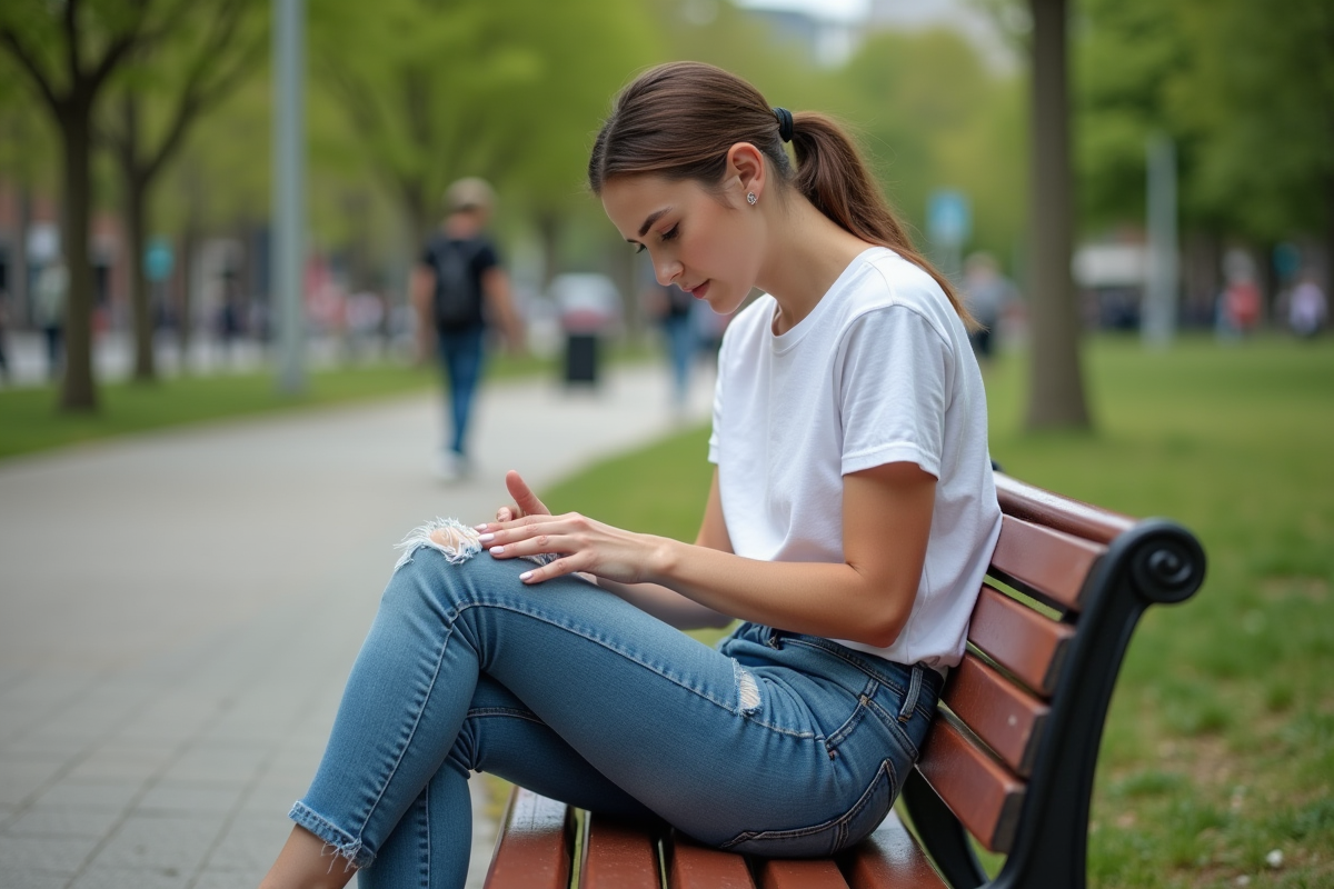 Femme inspectant ses jeans en extérieur dans un parc