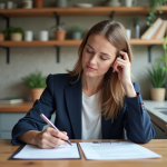 Femme en blazer bleu examinant des documents immobiliers