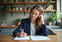 Durée optimale prêt hypothécaire : comment choisir la bonne période de remboursement ? Femme en blazer bleu examinant des documents immobiliers