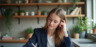 Femme en blazer bleu examinant des documents immobiliers