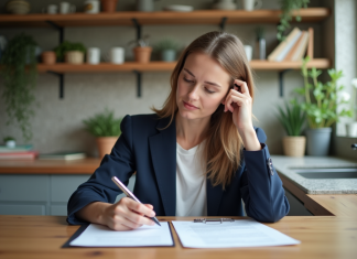 Femme en blazer bleu examinant des documents immobiliers