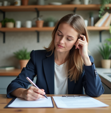 Femme en blazer bleu examinant des documents immobiliers