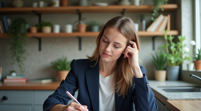 Femme en blazer bleu examinant des documents immobiliers