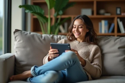 Femme lisant manga sur tablette dans un salon cosy