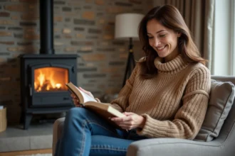 Femme lisant dans un salon cosy à Maromme