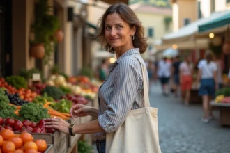 Femme faisant ses courses au marché du dimanche matin parmi les étals de légumes frais