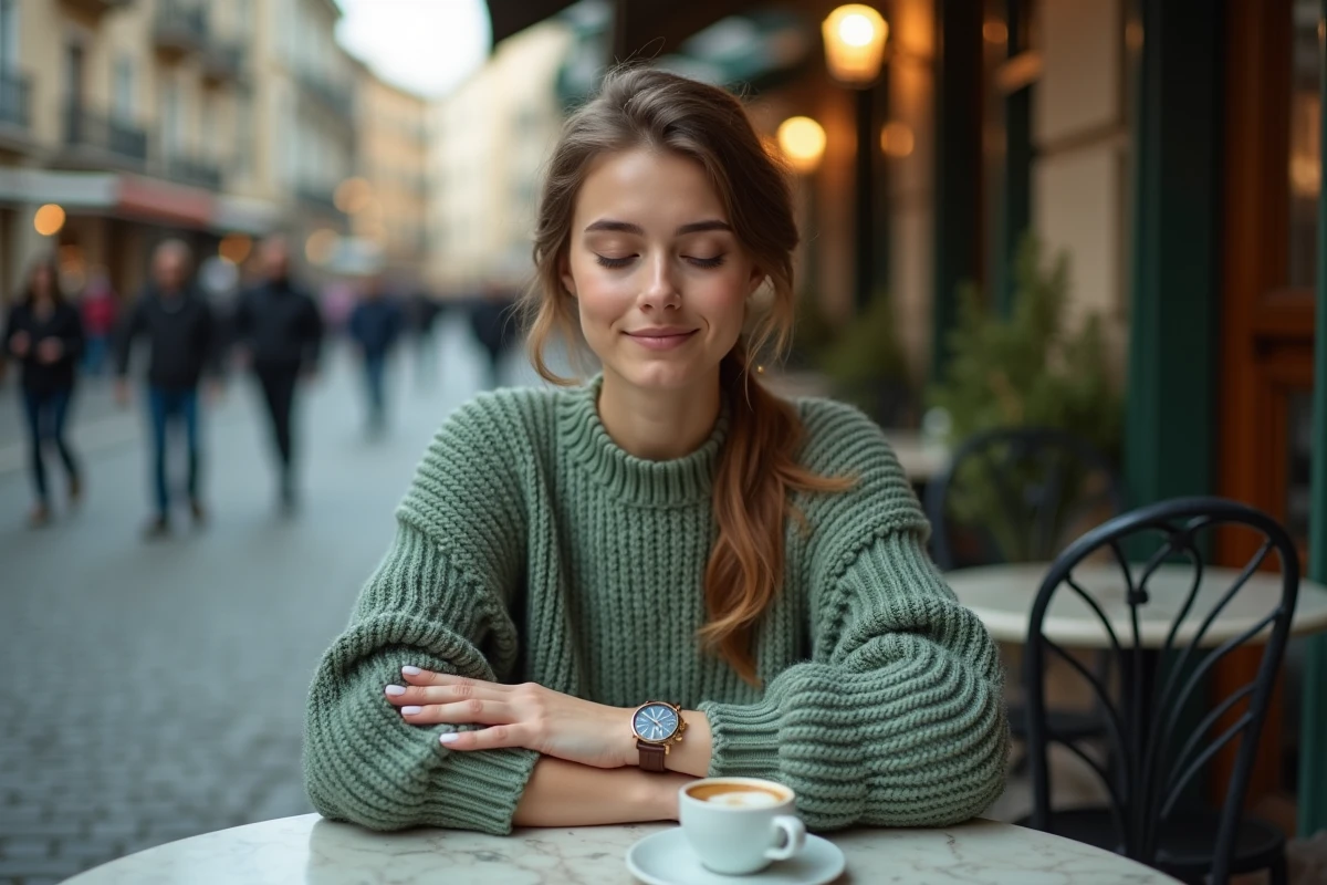 Jeune femme en méditation dans un café de rue européen avec une montre affichant 11h11 symbolisant la pleine conscience et le développement personnel
