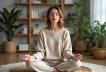 Augmenter niveau conscience: pratiques et conseils pour y parvenir Femme méditative assise dans un intérieur calme