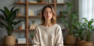 Augmenter niveau conscience: pratiques et conseils pour y parvenir Femme méditative assise dans un intérieur calme
