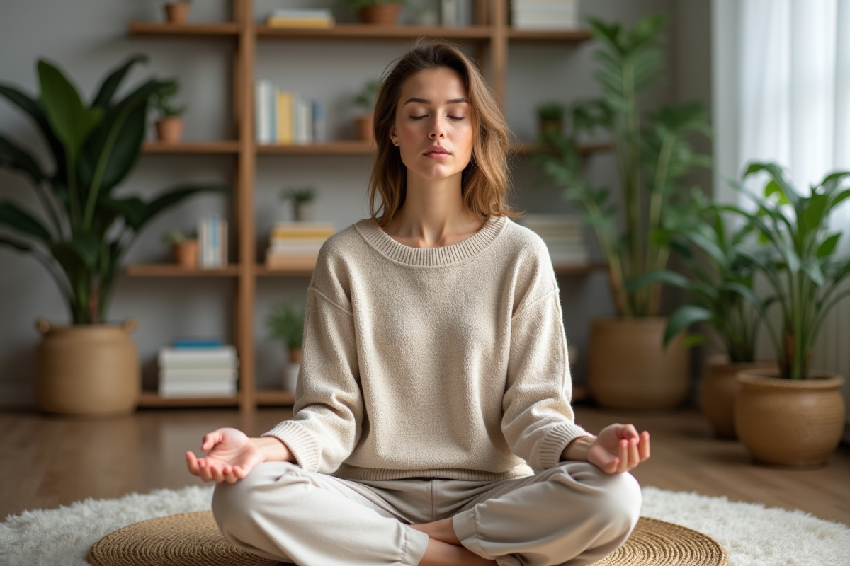 Femme méditative assise dans un intérieur calme