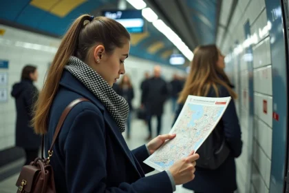 Jeune femme étudie un plan de métro parisien