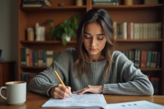 Femme concentrée remplissant une grille de mots croisés sur papier à son bureau en bois, ambiance studieuse et cosy